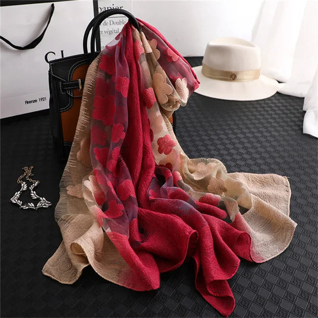 Women Simulation Silk Cut Flower Scarf Scarves Girls Embroidery Wild Sunscreen Shawl Adult Long Embroidered Lace Scarfs