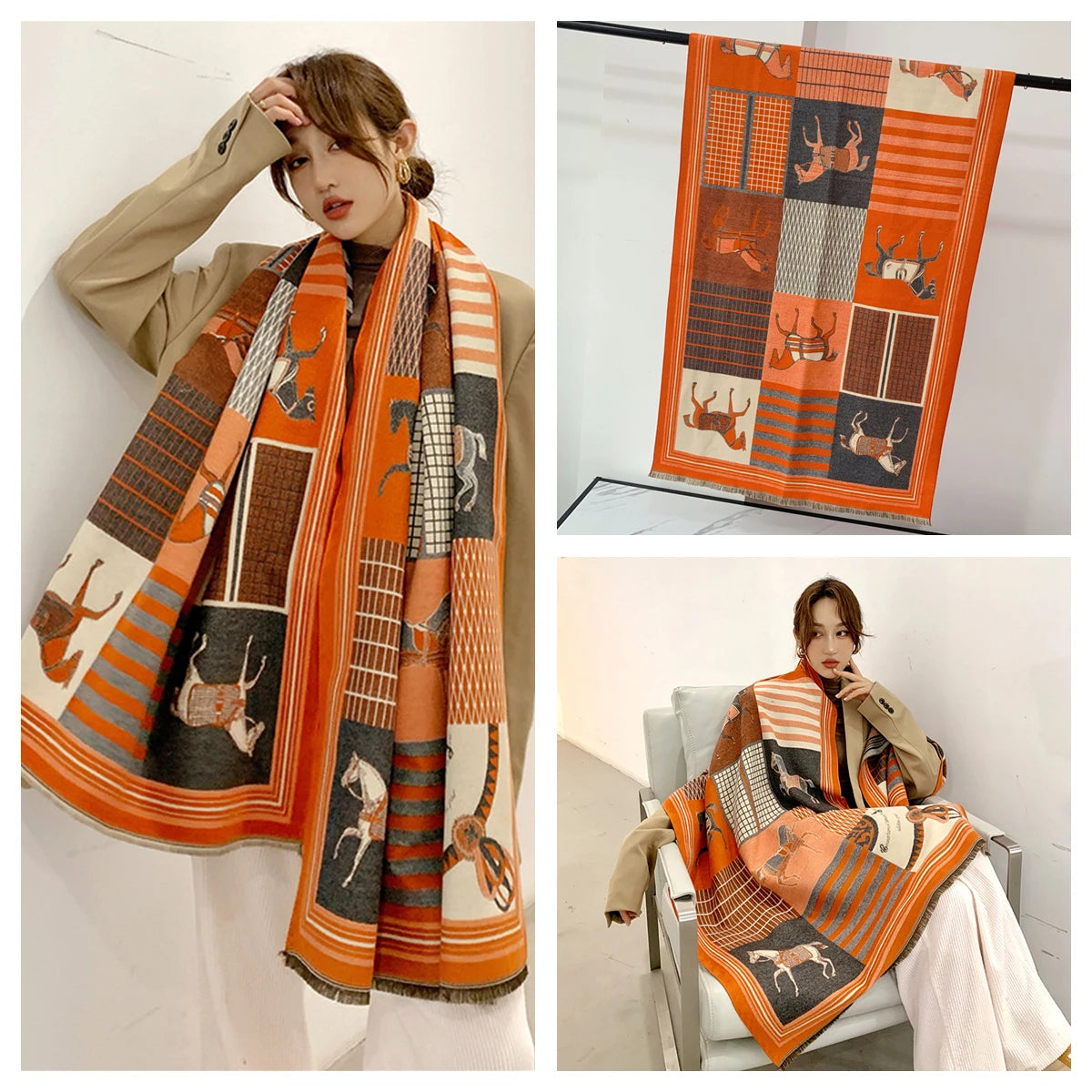 Women's Autumn Winter Horse Pattern Scarf New Luxury Cashmere Feeling Large Blanket Wrap Soft Warm Brand Shawl Retro & Classical