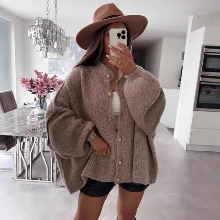 Women's Oversized Knit Cardigan - Chunky Crew Neck Gold Button Front Lounge Wear Fall Winter Comfort Plus Size