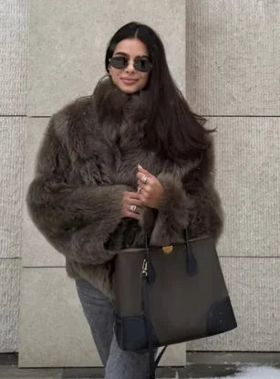 Woman Fashion Mixed Color Lapel Collar Long Coat Elegant Full Sleeve Loose Overcoat New Winter Lady High Street Faux Fur Jacket