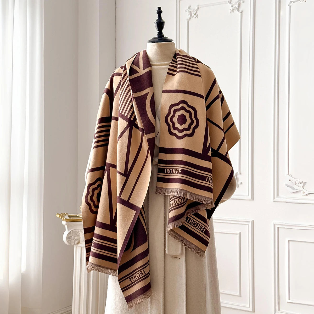 Winter Travel Faux Cashmere Scarf for Women Thick Warm with Cashew and Geometric Stripes Fashionable Luxurious Blanket Scarf