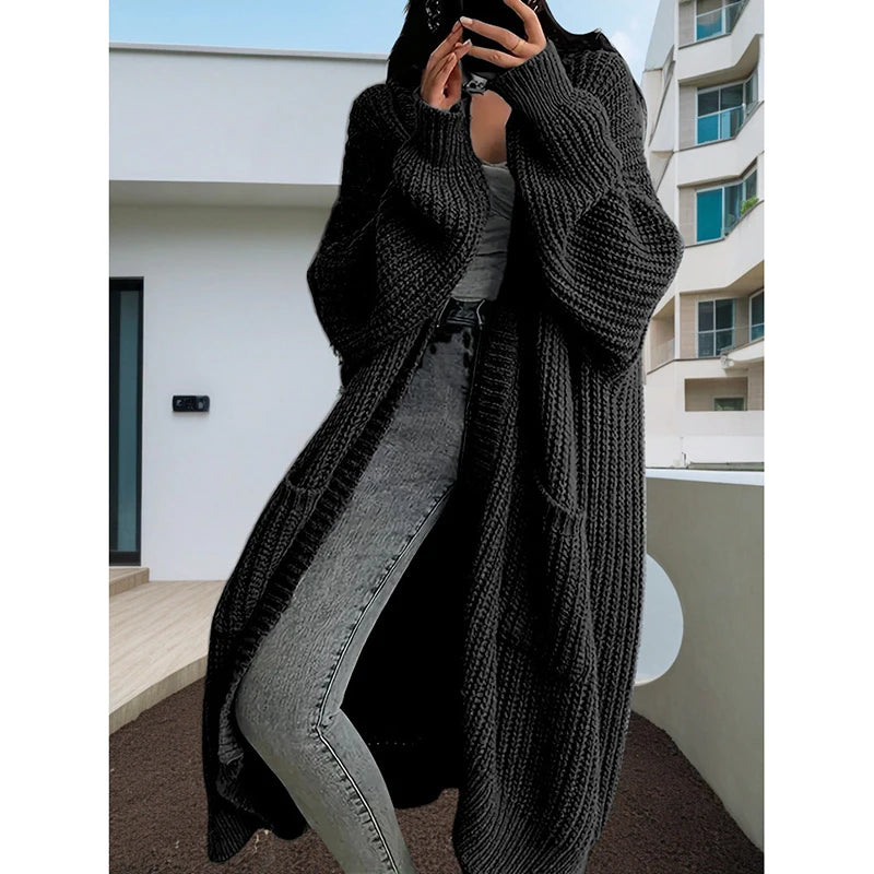 2025 Women Pockets Sweater Cardigan Kintted Jacket Autumn Crochet Loose Long Winter Maxi Warm Jumper Coat