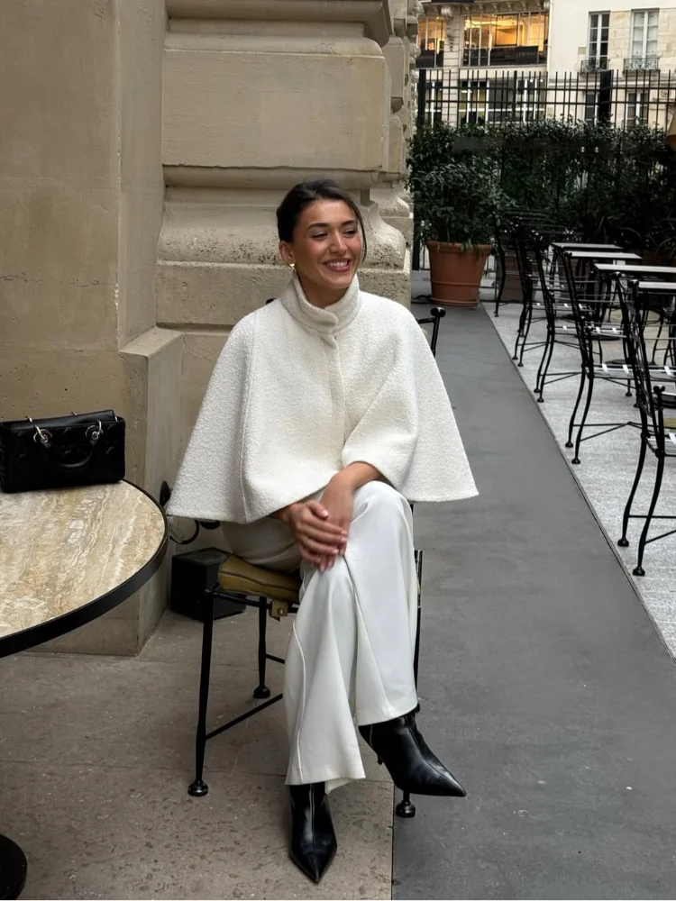 White Stand Collar Crop Cape Coat Women Fashion Single Breasted Long Sleeve Loose Lamb Wool Jacket 2025 Lady High Street Outwear