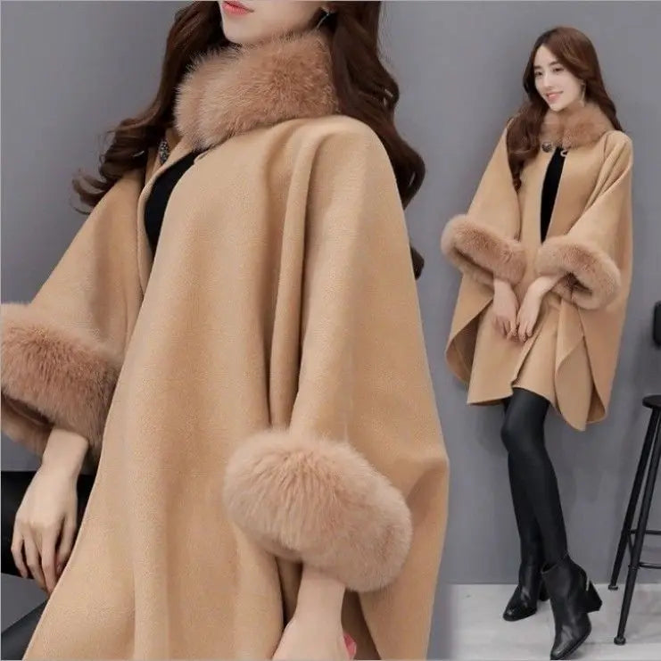 Knitted Tassel New Shawl Evening Winter Warm Thick Cardigan Cloak Plush Wraps Scarfs Fashion Faux Fur Bat Sleeve Coat Capes T81