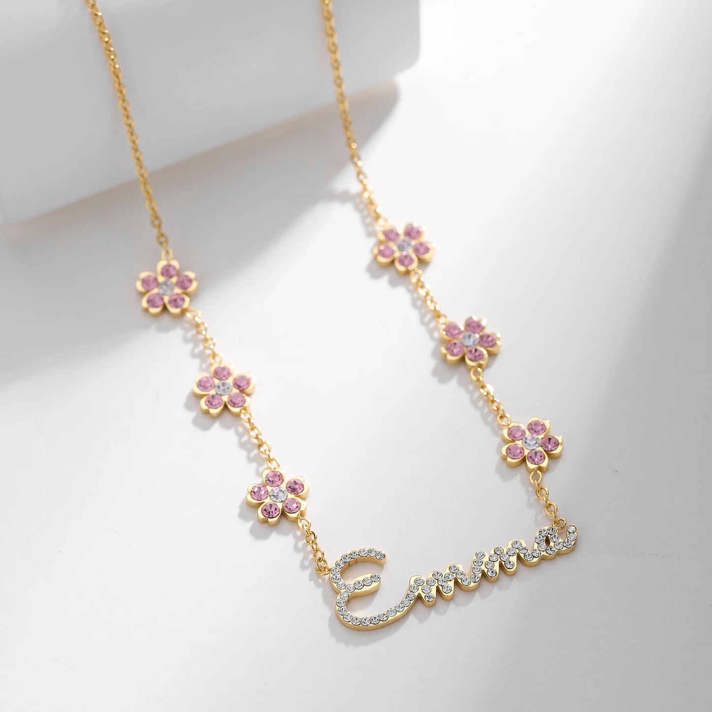 Personalized Rainbow Crystal Name Necklace With Flower Pendant Letters Necklace For Women Custom Stainless Steel Names Jewelry
