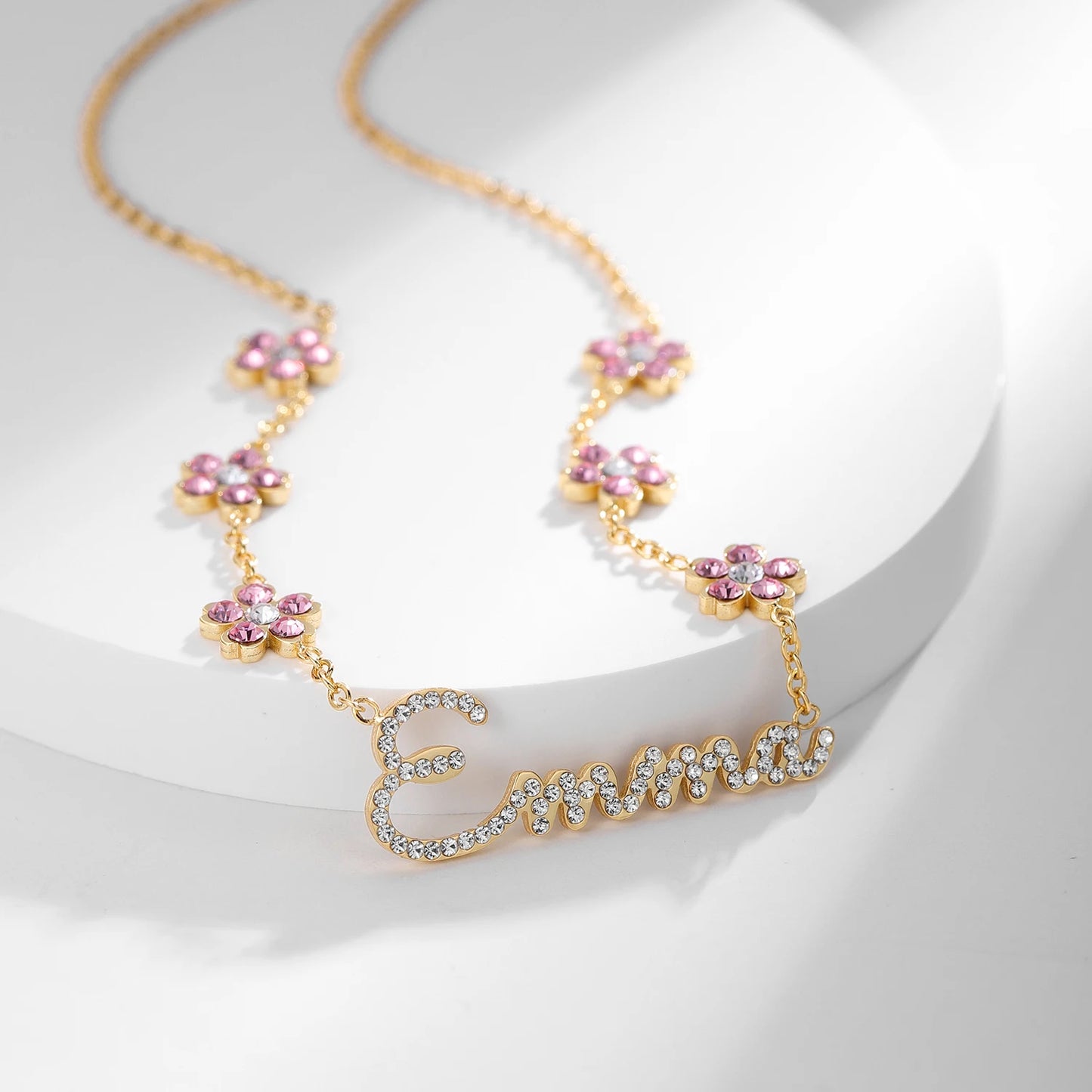 Personalized Rainbow Crystal Name Necklace With Flower Pendant Letters Necklace For Women Custom Stainless Steel Names Jewelry