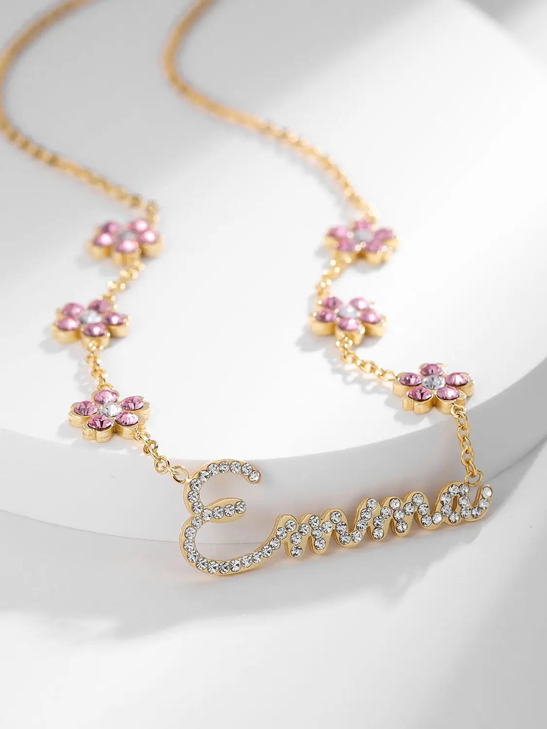 Personalized Rainbow Crystal Name Necklace With Flower Pendant Letters Necklace For Women Custom Stainless Steel Names Jewelry