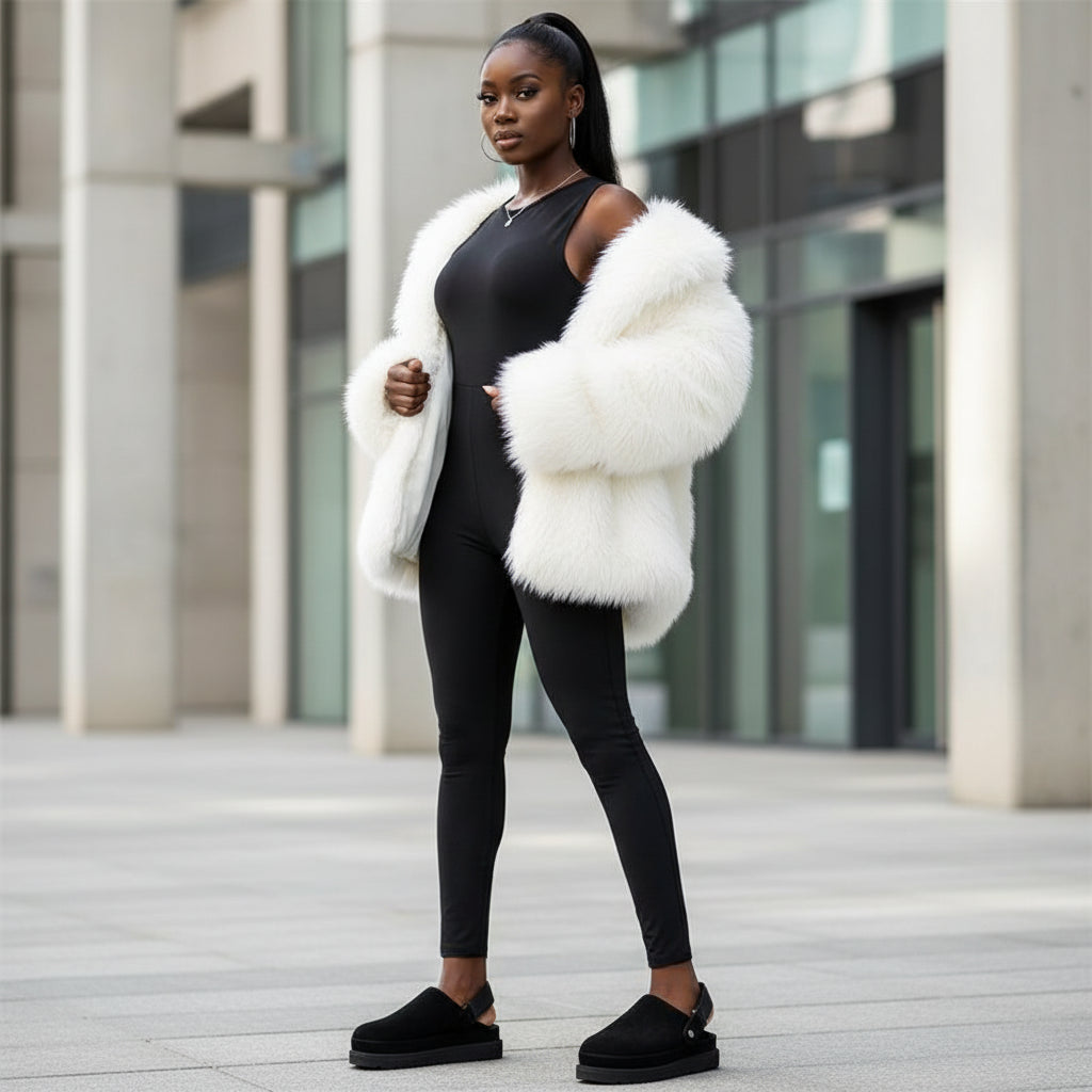 Black woman wearing black slip-on  shoes with white fur outside a building