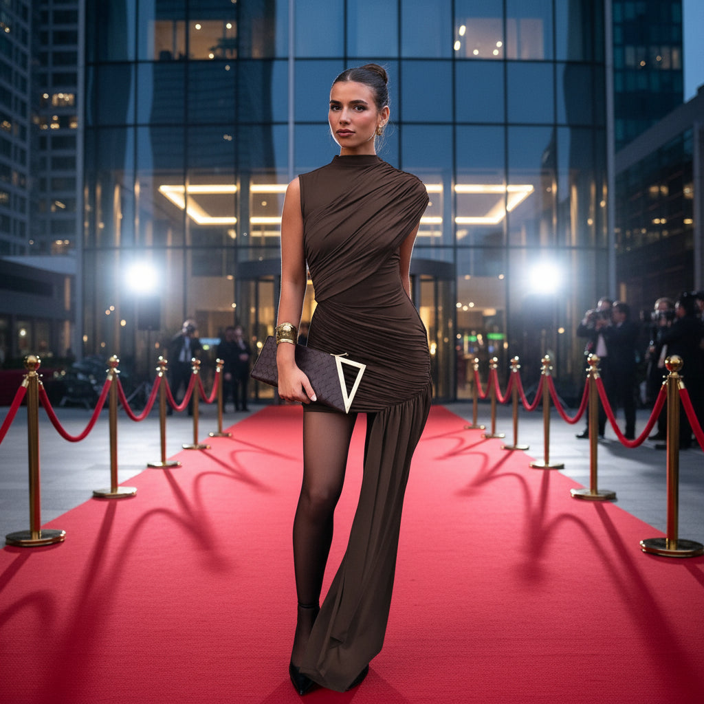 Lady wearing brown dress with long side on a red carpet before skyrise building