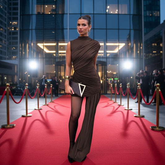 Lady wearing brown dress with long side on a red carpet before skyrise building