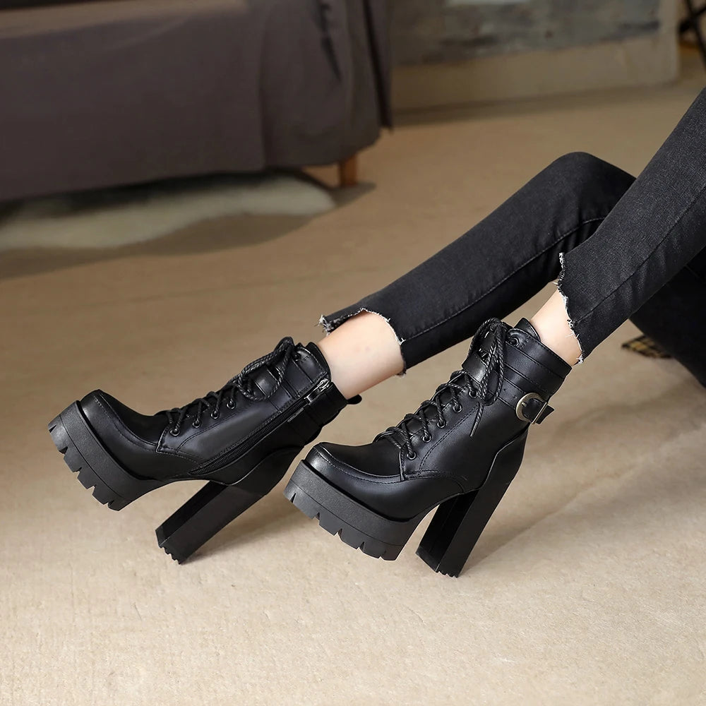 Chunky Platform Combat Boots - Black Lace-Up