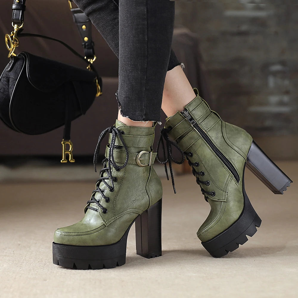 Chunky Platform Combat Boots - Black Lace-Up