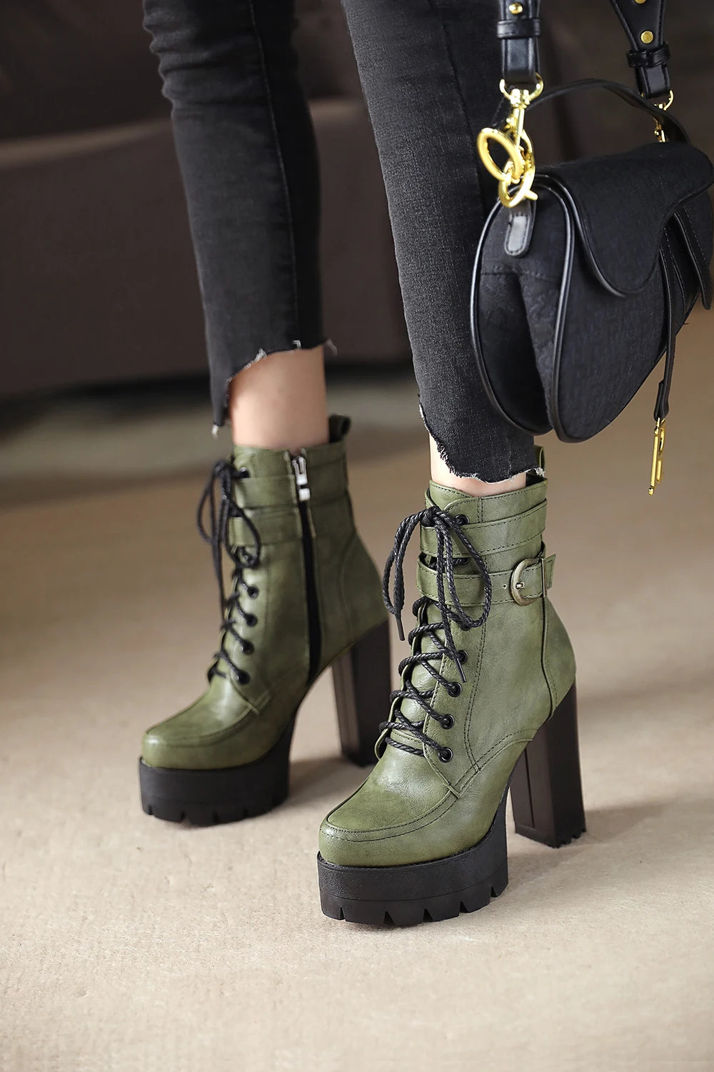 Chunky Platform Combat Boots - Black Lace-Up