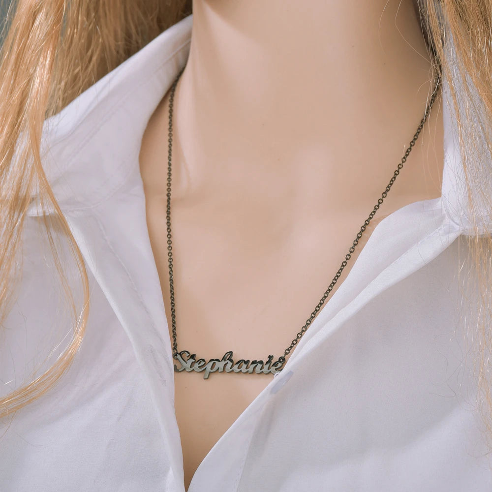 Customized Fashion Stainless Steel Name Necklace Personalized Letter Black Color Choker Necklace Pendant Nameplate Gift