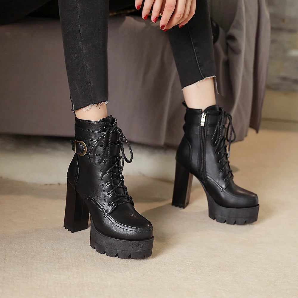 Chunky Platform Combat Boots - Black Lace-Up