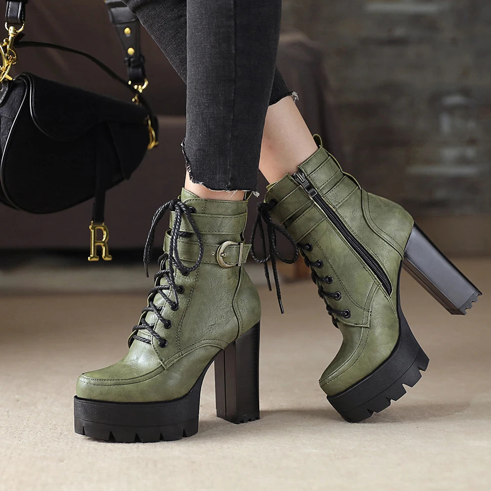 Chunky Platform Combat Boots - Black Lace-Up