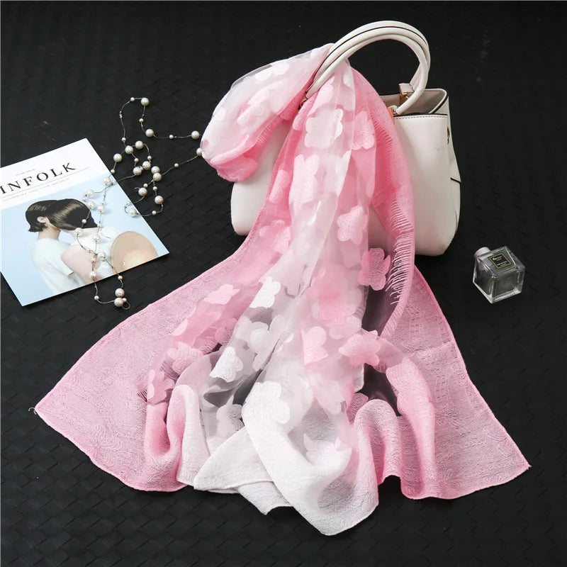 Women Simulation Silk Cut Flower Scarf Scarves Girls Embroidery Wild Sunscreen Shawl Adult Long Embroidered Lace Scarfs