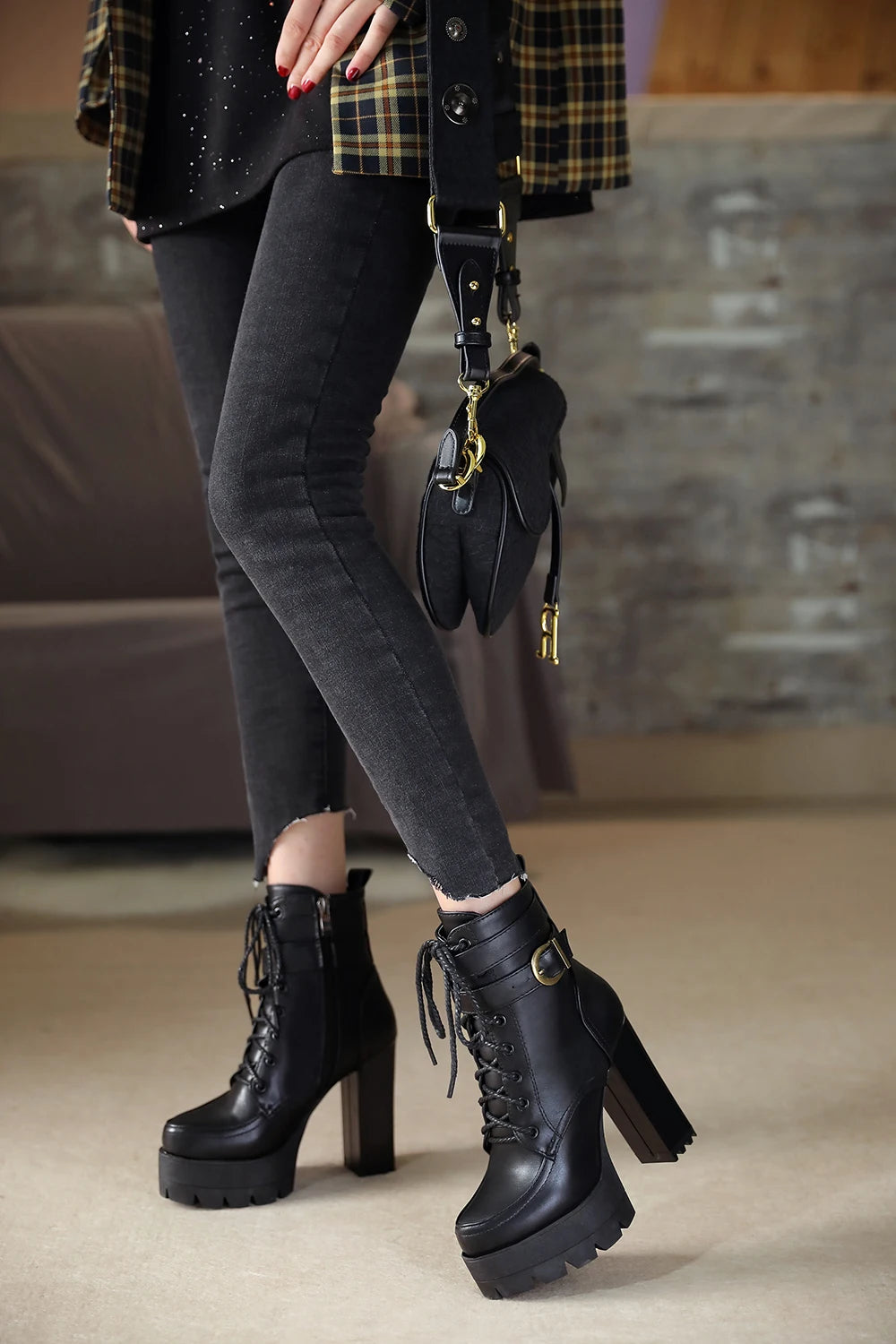 Chunky Platform Combat Boots - Black Lace-Up