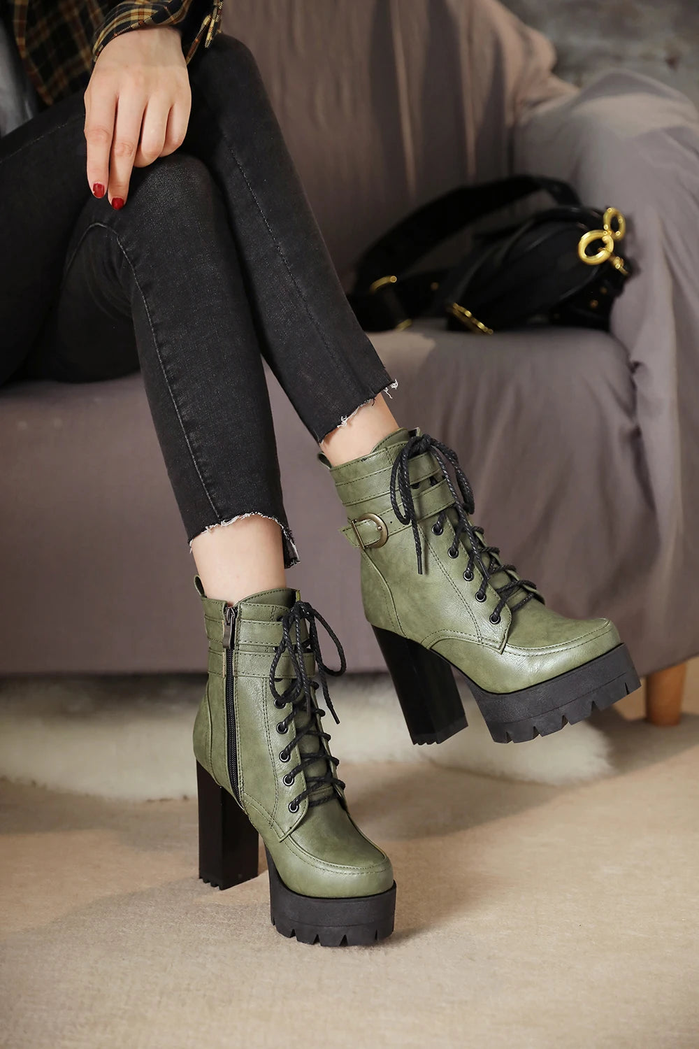 Chunky Platform Combat Boots - Black Lace-Up