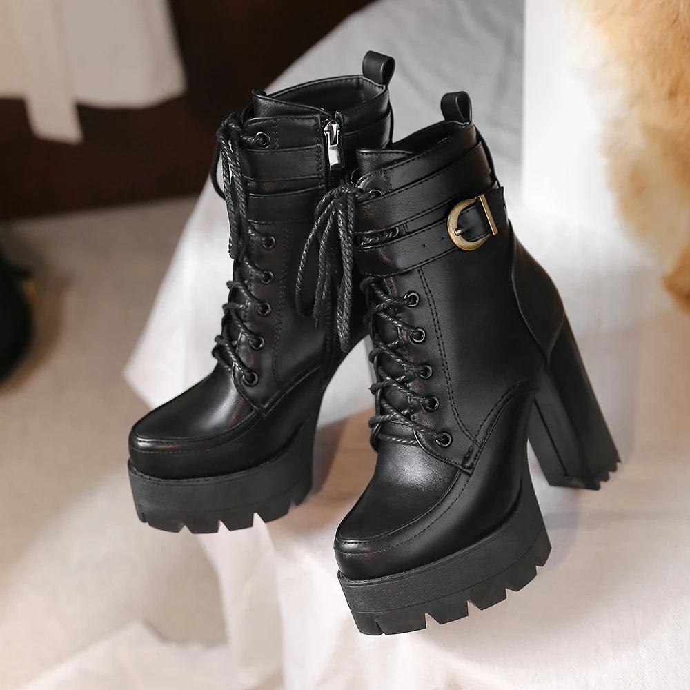 Chunky Platform Combat Boots - Black Lace-Up