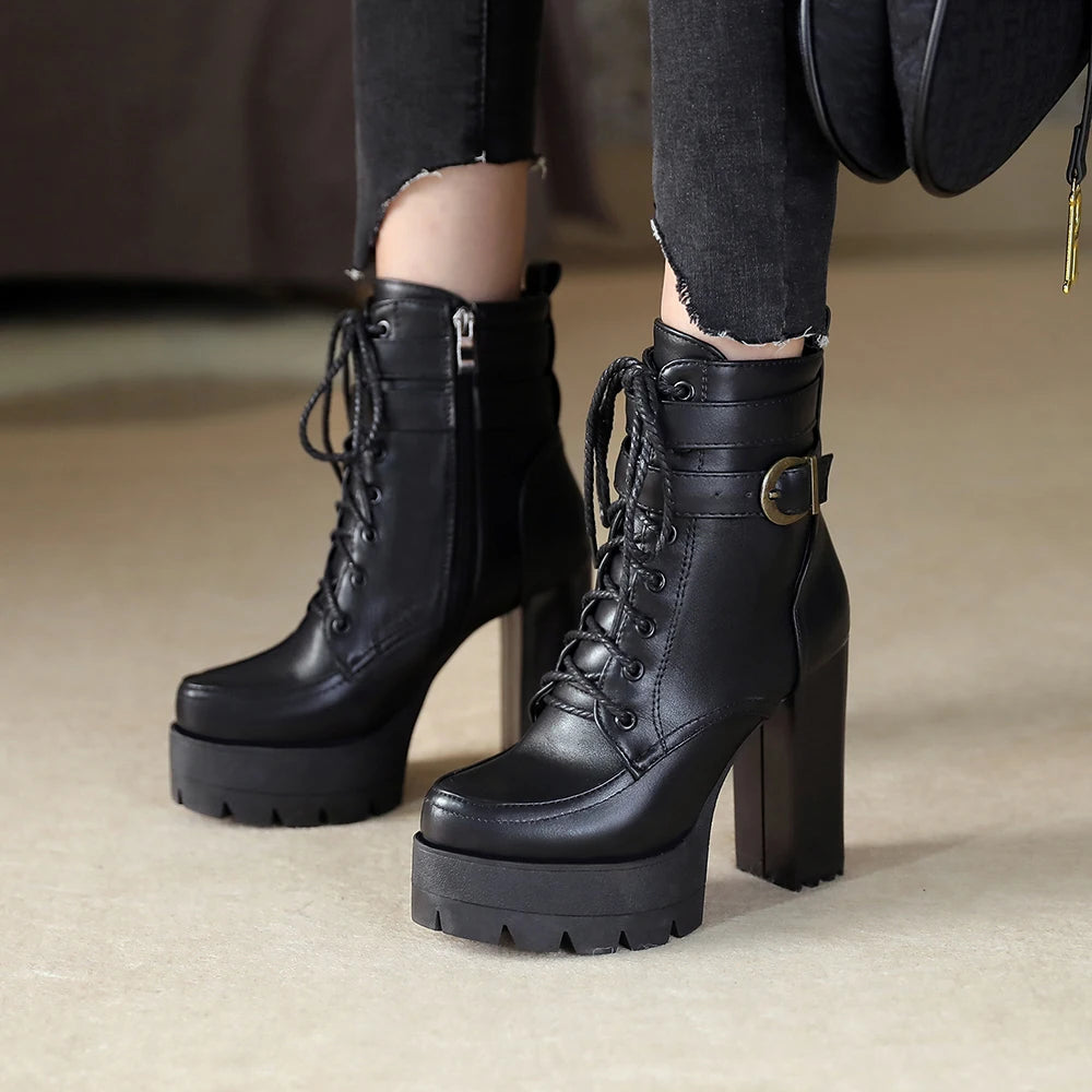 Chunky Platform Combat Boots - Black Lace-Up