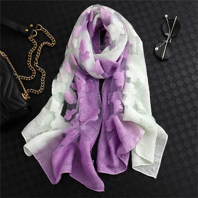 Women Simulation Silk Cut Flower Scarf Scarves Girls Embroidery Wild Sunscreen Shawl Adult Long Embroidered Lace Scarfs
