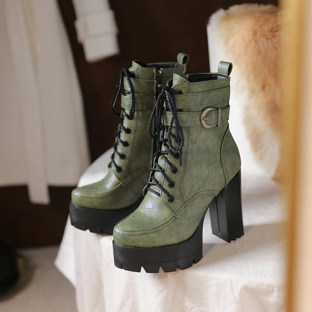 Chunky Platform Combat Boots - Black Lace-Up