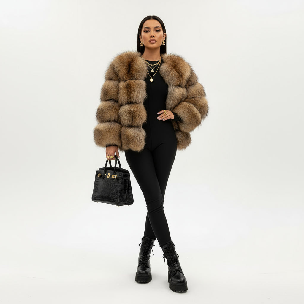 Person wearing a brown fur coat on a plain background
