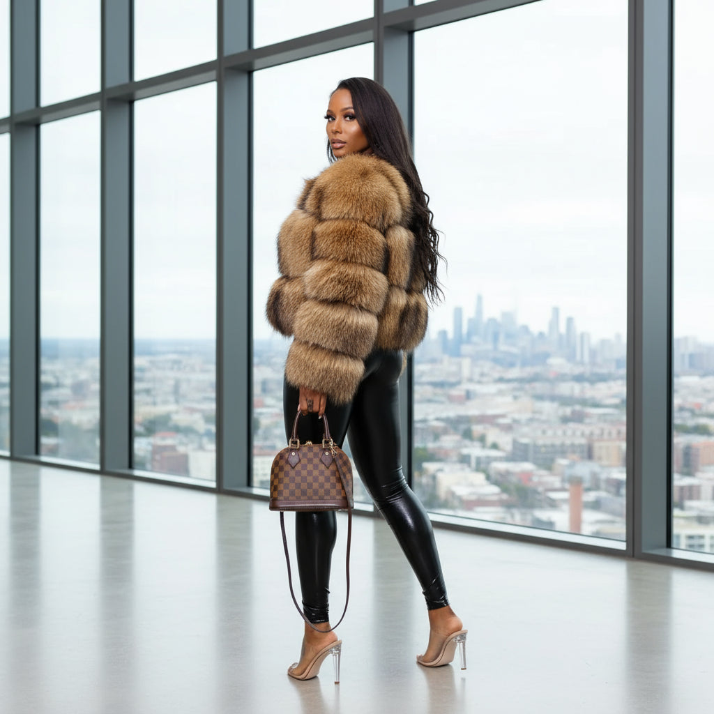 Woman wearing a fur coat and holding a handbag in an skyrise setting