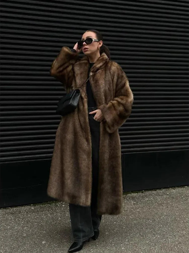 Woman Fashion Mixed Color Lapel Collar Long Coat Elegant Full Sleeve Loose Overcoat New Winter Lady High Street Faux Fur Jacket