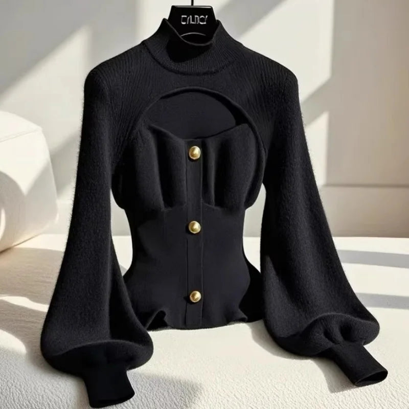 Women's Black Hollow-out Mock Neck Pullover Sweater Lantern Sleeves Slim Fit Layering Top Luxury Chic Casual warm sweater spring