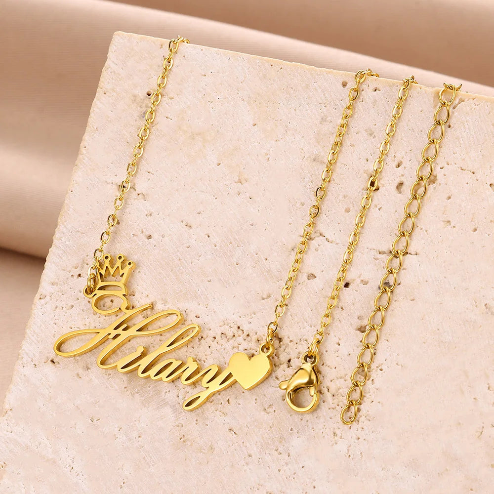 Custom Crown Name Necklace Women's Jewelry Personalized Cute Heart Nameplate Pendant Necklace Best Friends Gifts