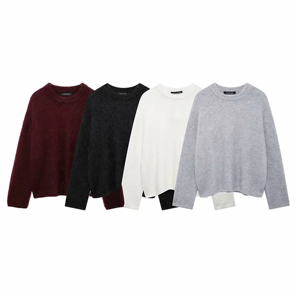Women's Solid Colour Round Neck Sweater Commuter Style New Burgundy Pullover Long Sleeve Knit Sweater Casual Womenswear