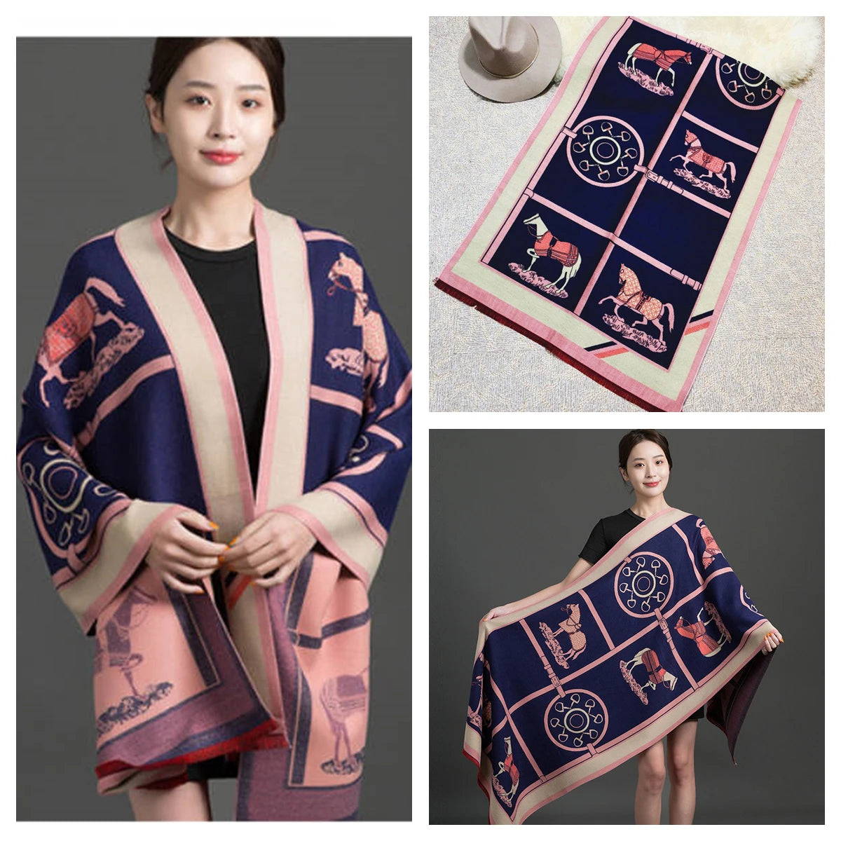 Women's Autumn Winter Horse Pattern Scarf New Luxury Cashmere Feeling Large Blanket Wrap Soft Warm Brand Shawl Retro & Classical