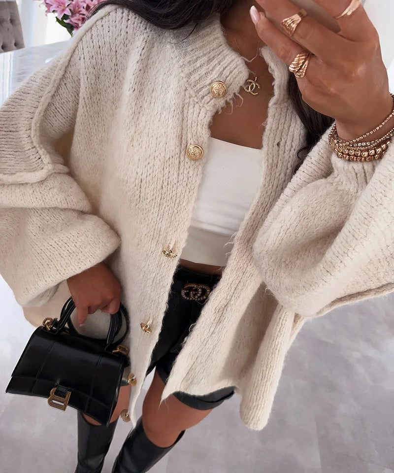 Women's Oversized Knit Cardigan - Chunky Crew Neck Gold Button Front Lounge Wear Fall Winter Comfort Plus Size