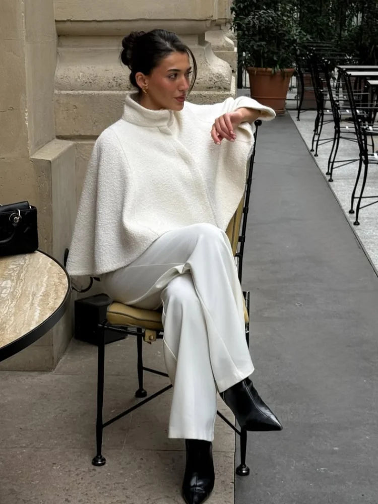 White Stand Collar Crop Cape Coat Women Fashion Single Breasted Long Sleeve Loose Lamb Wool Jacket 2025 Lady High Street Outwear