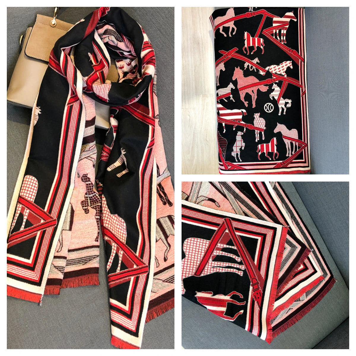Women's Autumn Winter Horse Pattern Scarf New Luxury Cashmere Feeling Large Blanket Wrap Soft Warm Brand Shawl Retro & Classical