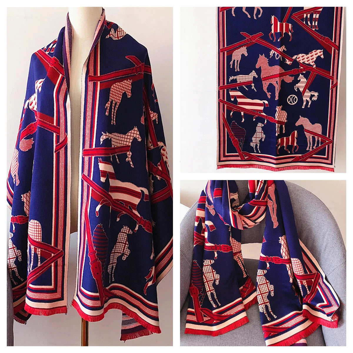 Women's Autumn Winter Horse Pattern Scarf New Luxury Cashmere Feeling Large Blanket Wrap Soft Warm Brand Shawl Retro & Classical