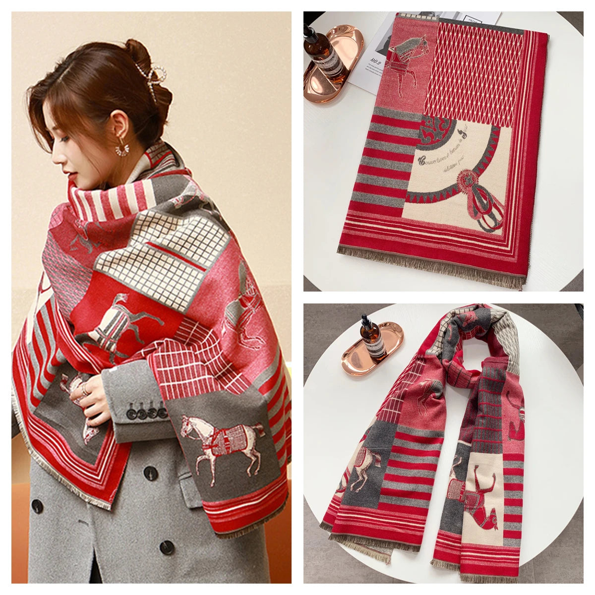 Women's Autumn Winter Horse Pattern Scarf New Luxury Cashmere Feeling Large Blanket Wrap Soft Warm Brand Shawl Retro & Classical