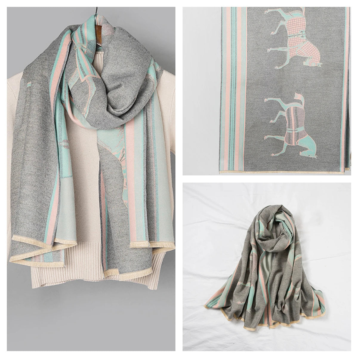Women's Autumn Winter Horse Pattern Scarf New Luxury Cashmere Feeling Large Blanket Wrap Soft Warm Brand Shawl Retro & Classical