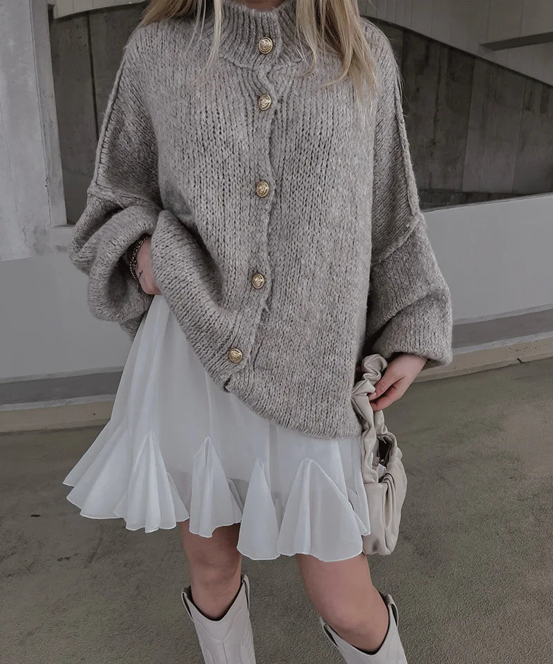 Women's Oversized Knit Cardigan - Chunky Crew Neck Gold Button Front Lounge Wear Fall Winter Comfort Plus Size