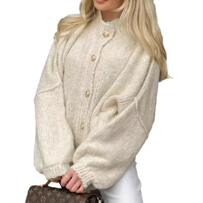 Women's Oversized Knit Cardigan - Chunky Crew Neck Gold Button Front Lounge Wear Fall Winter Comfort Plus Size