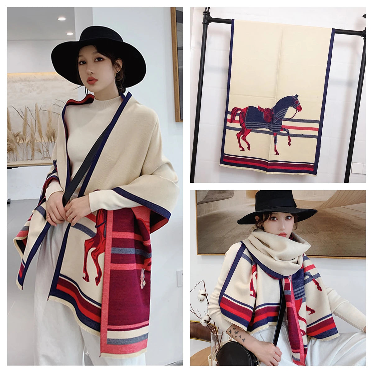 Women's Autumn Winter Horse Pattern Scarf New Luxury Cashmere Feeling Large Blanket Wrap Soft Warm Brand Shawl Retro & Classical