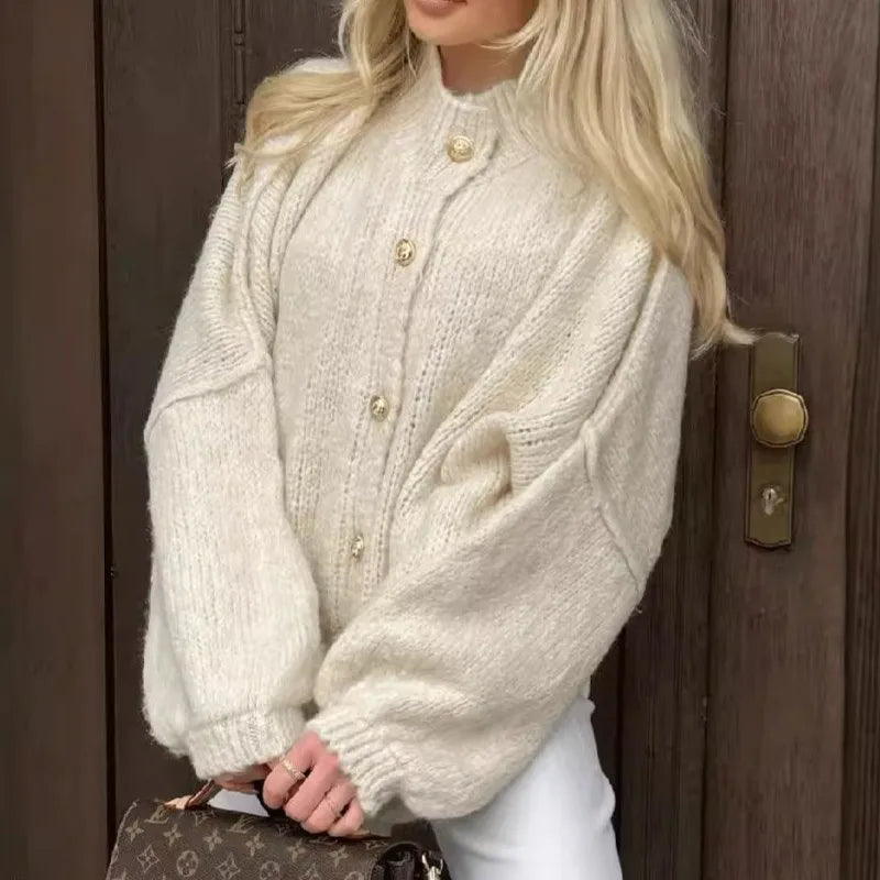 Women's Oversized Knit Cardigan - Chunky Crew Neck Gold Button Front Lounge Wear Fall Winter Comfort Plus Size