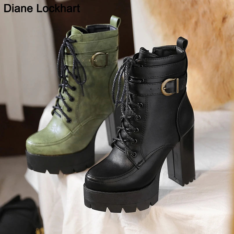 Chunky Platform Combat Boots - Black Lace-Up