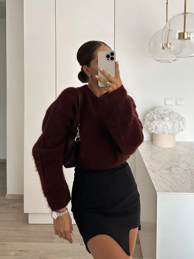 Women's Solid Colour Round Neck Sweater Commuter Style New Burgundy Pullover Long Sleeve Knit Sweater Casual Womenswear