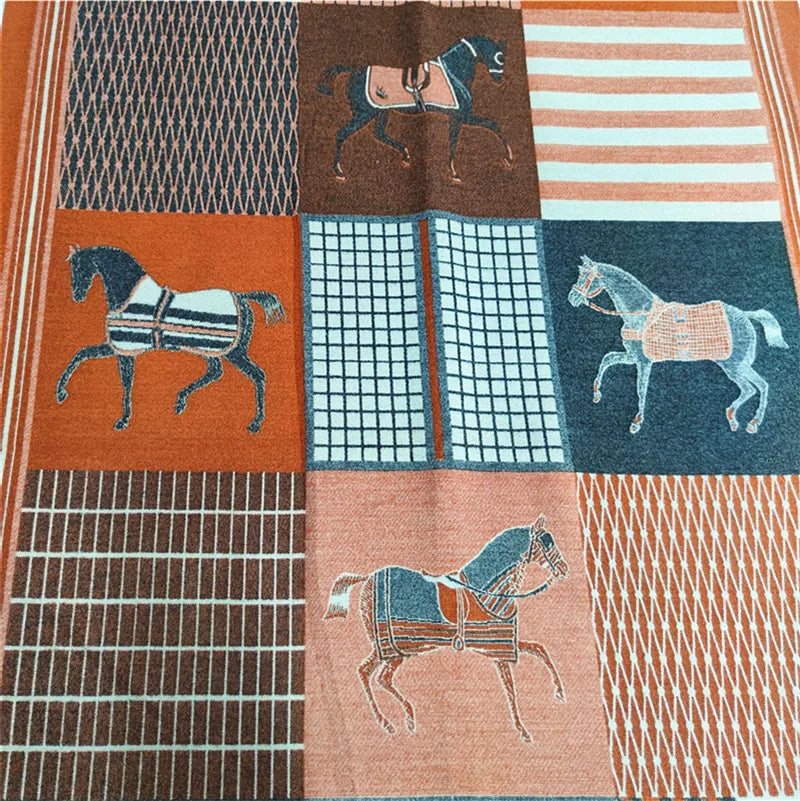 Women's Autumn Winter Horse Pattern Scarf New Luxury Cashmere Feeling Large Blanket Wrap Soft Warm Brand Shawl Retro & Classical