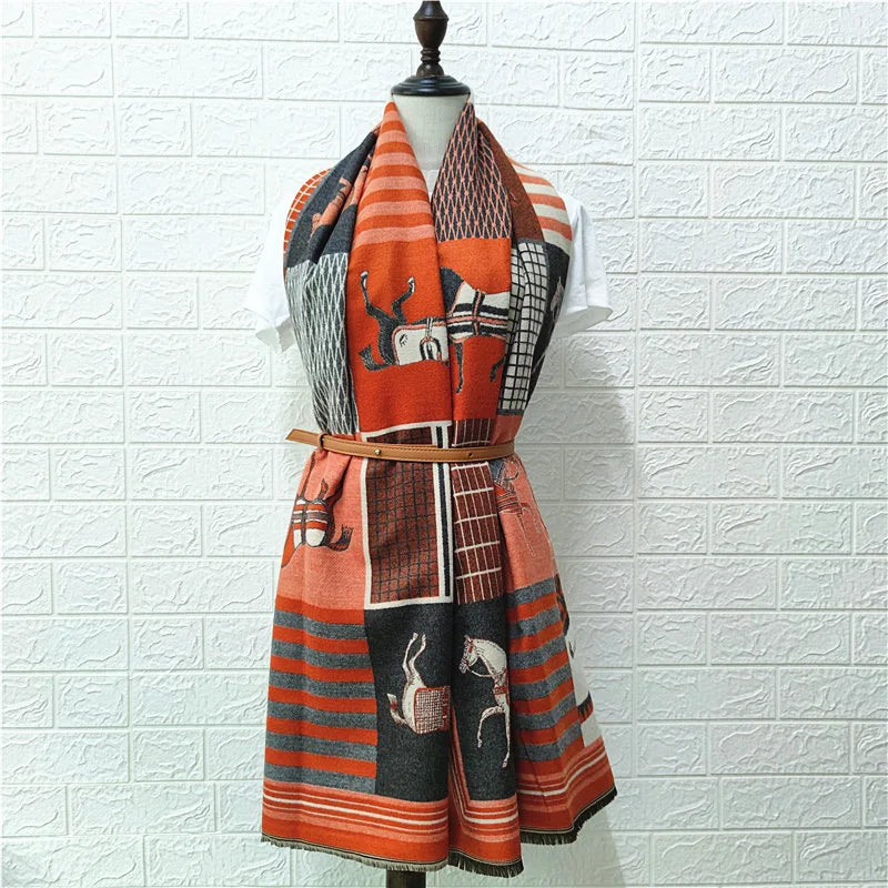 Women's Autumn Winter Horse Pattern Scarf New Luxury Cashmere Feeling Large Blanket Wrap Soft Warm Brand Shawl Retro & Classical