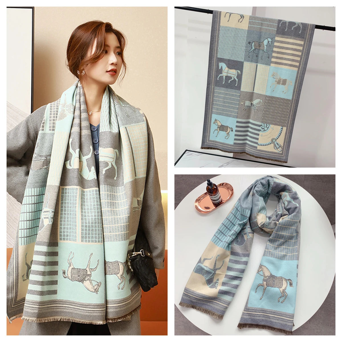Women's Autumn Winter Horse Pattern Scarf New Luxury Cashmere Feeling Large Blanket Wrap Soft Warm Brand Shawl Retro & Classical