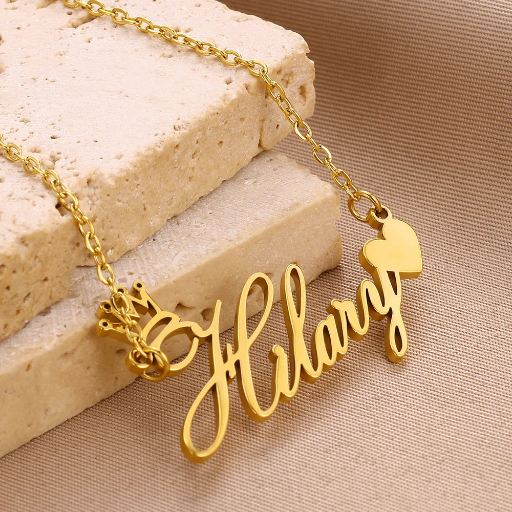 Custom Crown Name Necklace Women's Jewelry Personalized Cute Heart Nameplate Pendant Necklace Best Friends Gifts